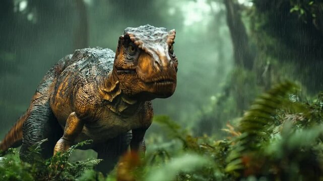 A dinosaur stands in the middle of a lush green forest with heavy rain falling.  Smooth repeating motion for background video animation