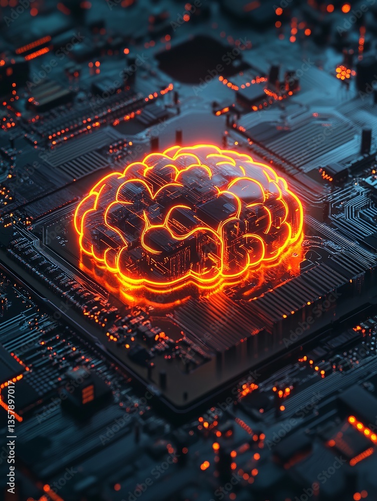 Poster artificial intelligence brain circuit board technology digital neural network orange glow futuristic