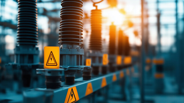 A detailed view of several high-voltage transformers, with robust safety barriers and yellow hazard warning signs clearly visible, metal structures reflecting the harsh sunlight as