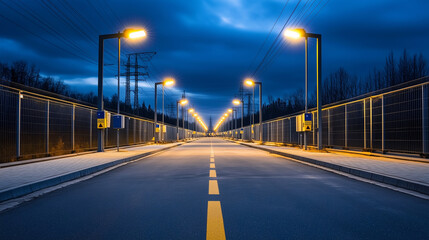 Wide-angle shot of a sprawling electrical substation, showcasing a line of powerful transformers with flashing warning lights and marked zones protected by thick, sturdy safety bar