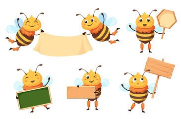 Bees signboard. Cartoon honey bee hold empty white sign, funny honeybee mascot with blank banner for school text or ad promotion billboard, study mascot neat vector illustration