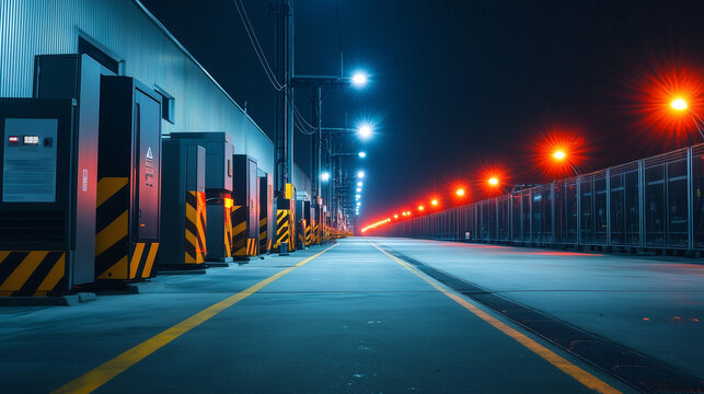 Wide-angle shot of a sprawling electrical substation, showcasing a line of powerful transformers with flashing warning lights and marked zones protected by thick, sturdy safety bar
