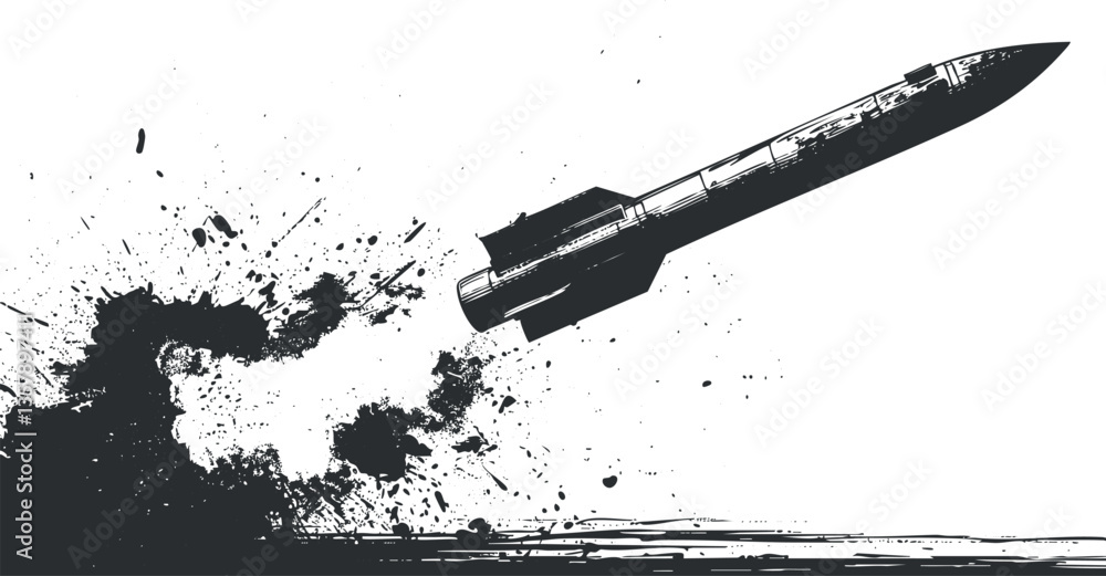 Poster silhouette of a rocket with abstract ink splatter explosion.