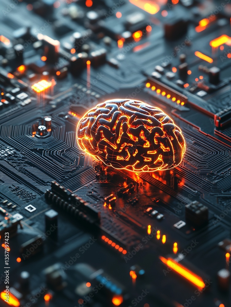 Poster glowing brain on circuit board digital art abstract technology neural network artificial intelligenc