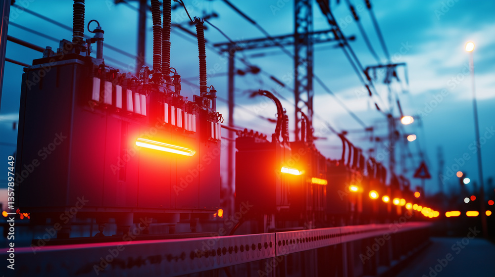 Poster a bustling electrical substation with high-voltage transformers arranged in a row, safety barriers c