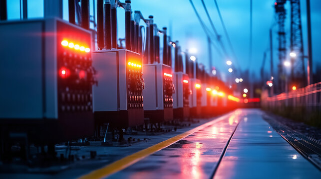 A bustling electrical substation with high-voltage transformers arranged in a row, safety barriers creating a clear perimeter, while flashing warning lights and hazard signs convey