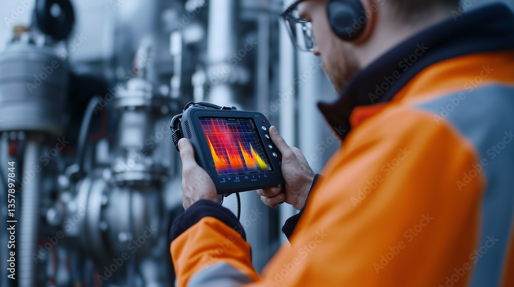 Aufkleber close-up of a technician using a thermal imaging camera to check for temperature discrepancies on a 