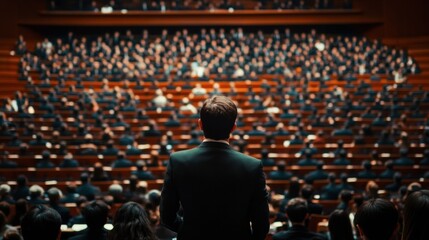 A CEO addressing employees in a large conference hall