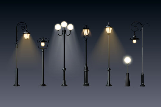 Realistic lampposts. Outdoor streetlamp, vintage antique lamppost or modern streetlight for night city park street light decoration lamp pole lantern, set exact vector illustration