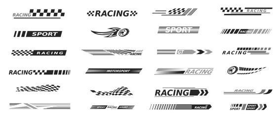 Racing car bars. Speed race arrow line motor sport cars side decal stickers, auto truck motosport stripes design black decals rally track borders set, classy vector illustration