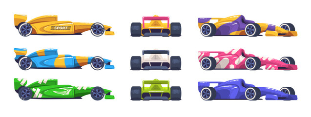 Cartoon formula cars. F1 racing car front side view, racecar design motor sport auto race for racer speed road track pilot retro vehicle turbo motor set, classy vector illustration