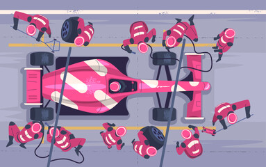 Obraz premium Pit stop top view. F1 racing team car maintenance, mechanic crew fast changing tire for auto race track formula one motor sport speed transport repair, classy vector illustration