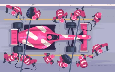Selbstklebende Fototapeten Pit stop top view. F1 racing team car maintenance, mechanic crew fast changing tire for auto race track formula one motor sport speed transport repair, classy vector illustration © ssstocker