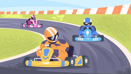 Kart race. Go-karts drivers in helmets drive karting cars on race track, speed motor sport fun extreme racing competition formula one racers kart car, classy vector illustration © ssstocker