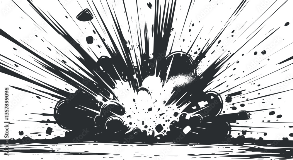 Poster black and white abstract explosion graphic with dynamic lines and shapes.