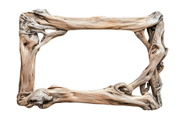 Fototapeta premium Rustic driftwood picture frame isolated on white background, weathered wood border with natural texture, organic timber branch frame for coastal decor