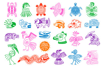 Maya animal symbols. Mayan aztec inca mythology animals totem hieroglyphs, ancient peru indian tribal tattoo ethnic mexican culture sign eagle bird, swanky vector illustration