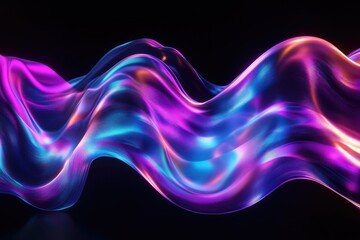 Abstract fluid 3D render with a black background and holographic, iridescent neon curved wave in motion. Abstract fluid iridescent holographic curved wave in motion colorful gradient. MZ 
