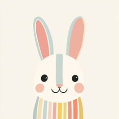 Obraz premium A cute bunny face with colorful stripes, a minimalist and simple design, a flat vector illustration and pastel colors.