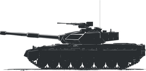 Silhouette of a military tank illustration on a white background.