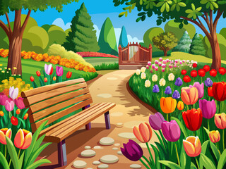 vector of  A wooden bench sits by a gravel pathway in a garden with vibrant tulips in bloom.