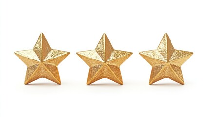 Fototapeta premium A row of five shiny, gold, three-dimensional stars arranged horizontally against a white background.