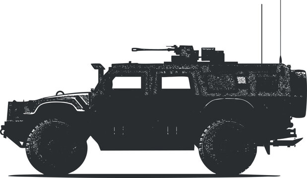 Fototapeta Silhouette of an armored military vehicle with mounted weaponry.