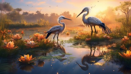 Fototapeta premium ethereal symphony of avian creatures gracefully intertwining with plentiful marshland, epitomizing a mesmerizing ballet of feathers, a sanctuary where avian realm and wetland ecosystem harmoniously co