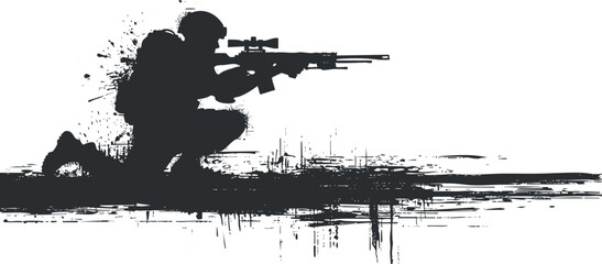 Silhouette of a sniper soldier crouching with rifle in abstract art style.