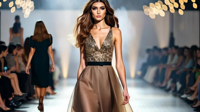 Fashion show video with a low-angle shot, featuring a model in a glamorous dress walking down the runway, surrounded by blurred audience lights.