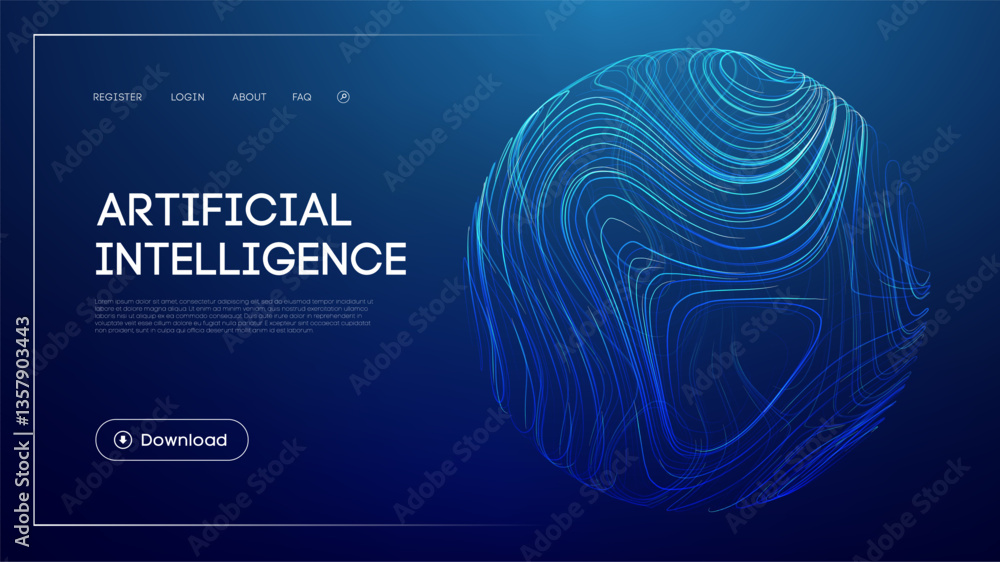 Poster artificial intelligence technology with abstract glowing sphere, futuristic blue background, machine