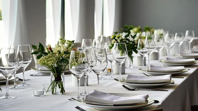 Elegant dining setup with white linens and floral centerpieces, captured from a low angle, perfect for a wedding or event video backdrop.