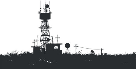 Silhouette of a communication tower with antennas against the sky.