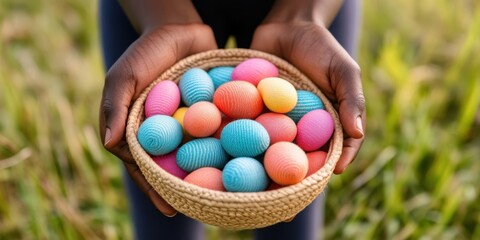 A person is holding a vibrant basket filled with beautifully painted eggs amidst a lush green field, symbolizing spring and celebration.