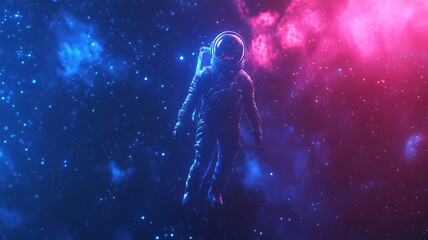 Obraz premium 宇宙に浮かぶネオンライトに照らされた宇宙飛行士