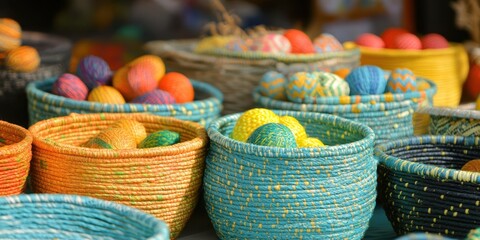 Fototapeta premium A vibrant display of baskets in various colors and sizes arranged neatly on a table, showcasing their unique shapes and textures.