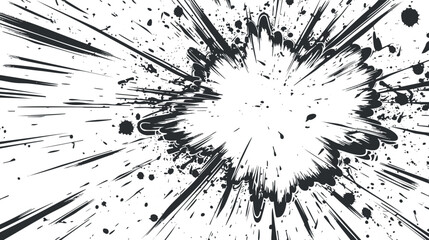 Dynamic black and white comic-style explosion illustration with splatters.