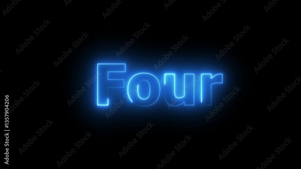 Poster animation of number four with cyan color neon colors on the outline and isolated on black background