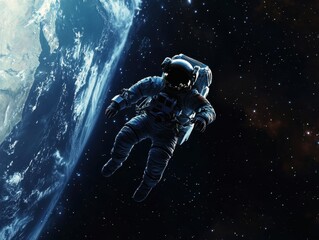 Fototapeta premium Astronaut drifting in space, with Earth as a backdrop, amidst a stunning starfield. Experience the wonder of space exploration!