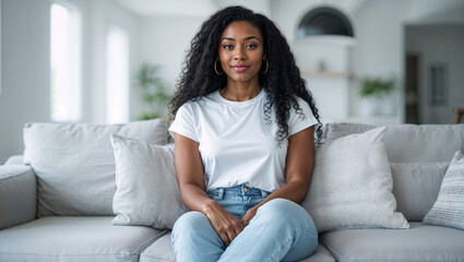 Obraz premium Bellissima ragazza di origini afro americane con capelli ricci lunghi neri vestita con jeans e maglietta bianca seduta sul divano