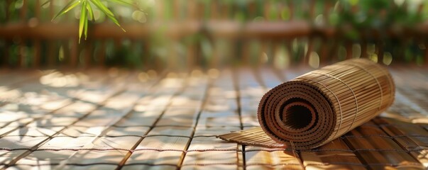 rolled-up bamboo fiber yoga mat placed on a wooden floor, surrounded by soft natural light
