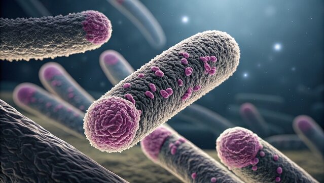 A close-up of rod-shaped Lactobacillus bulgaricus bacteria, showcasing a microscopic view of probiotics.
