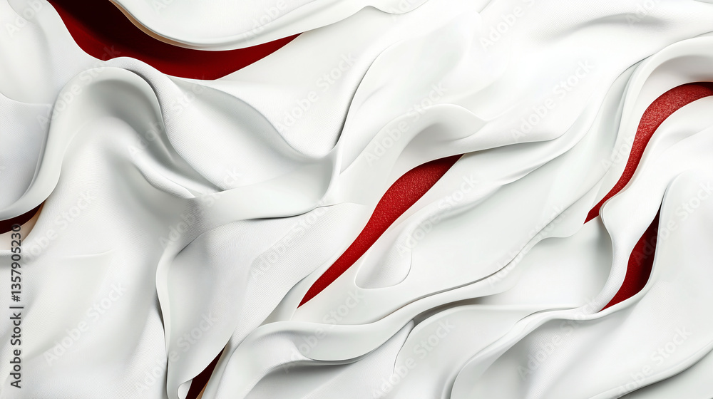 Poster elegant white fabric flowing against a vibrant red backdrop, showcasing abstract designs and smooth,