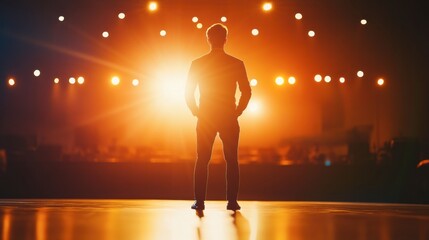 A successful entrepreneur standing on stage receiving a business award