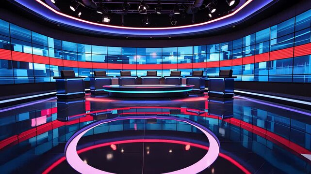 Modern news studio with futuristic design, illuminated with colorful lights and high-tech graphics.

