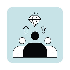 Vector icon for team motivation. Outline icon depicting a group of people with a diamond and upward arrows, symbolizing team success and encouragement.
