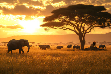 Majestic Safari: Elephants Roam the Golden Savanna beneath African Skies