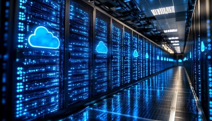 Data Center Featuring Server Racks And Glowing Cloud Icons
