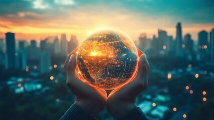 Hands holding a glowing holographic globe rotating over a cityscape at sunset, symbolizing global connectivity and responsibility. for technology, global awareness, or sustainability with a futurist - Powered by Adobe