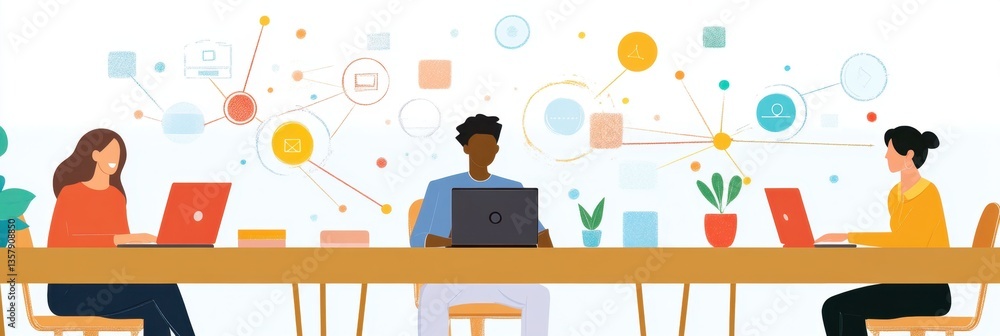 Poster three people working together on laptops, with digital technology and data network interface icons f